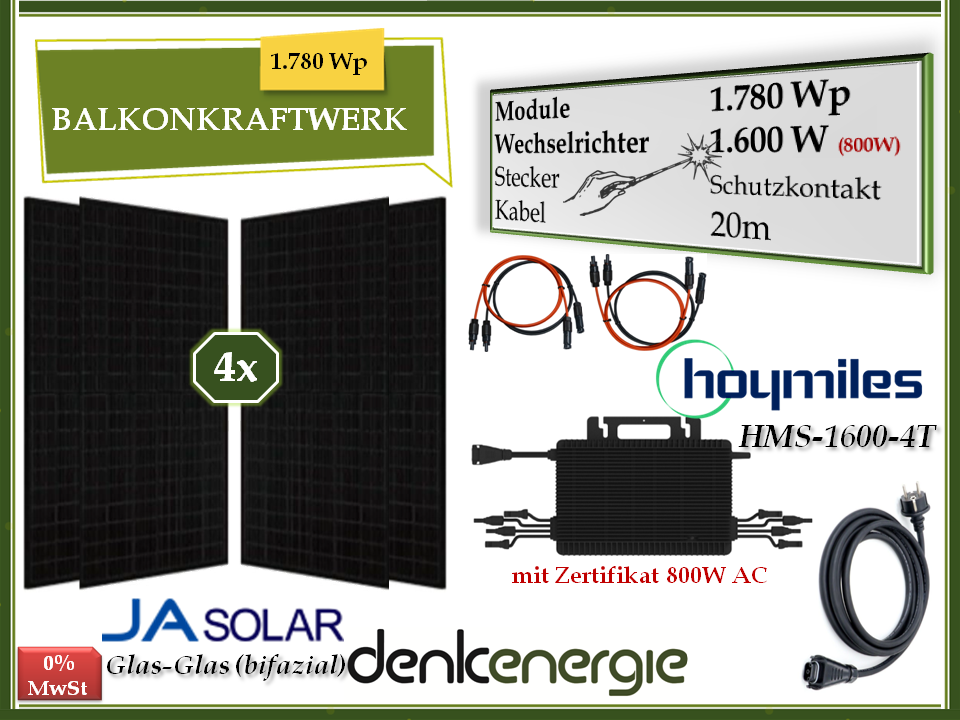 Balkonkraftwerk 1.780Wp / 1.600W (800W)