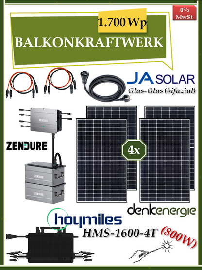 Balkonkraftwerk 1.700Wp / 1.600W (800W) bifazial / Speicher (1 bis 8 kWh)