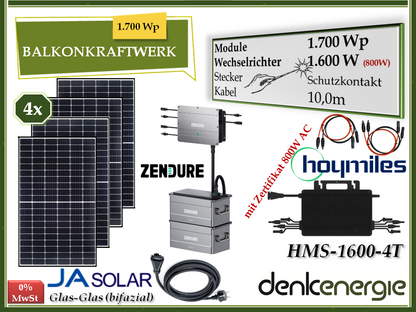 Balkonkraftwerk 1.700Wp / 1.600W (800W) bifazial / Speicher (1 bis 8 kWh)