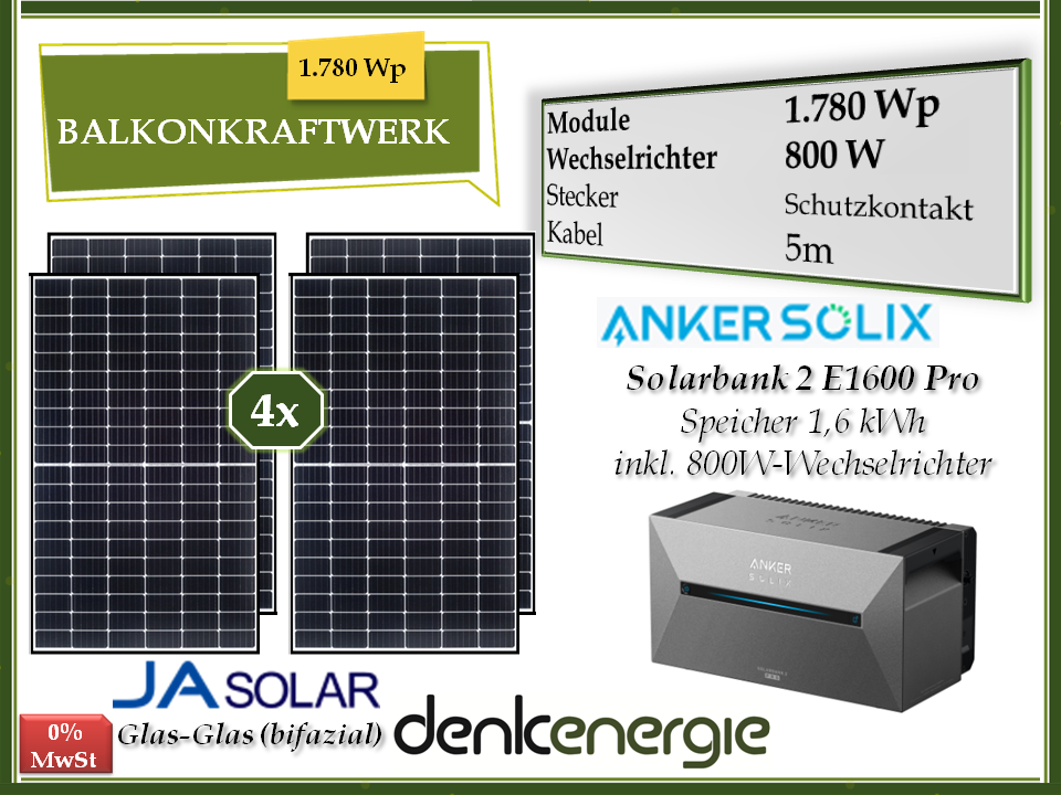 Balkonkraftwerk 1.780Wp* / 800W (bifazial) / Speicher Anker