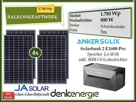 Balkonkraftwerk 1.780Wp* / 800W (bifazial) / Speicher Anker