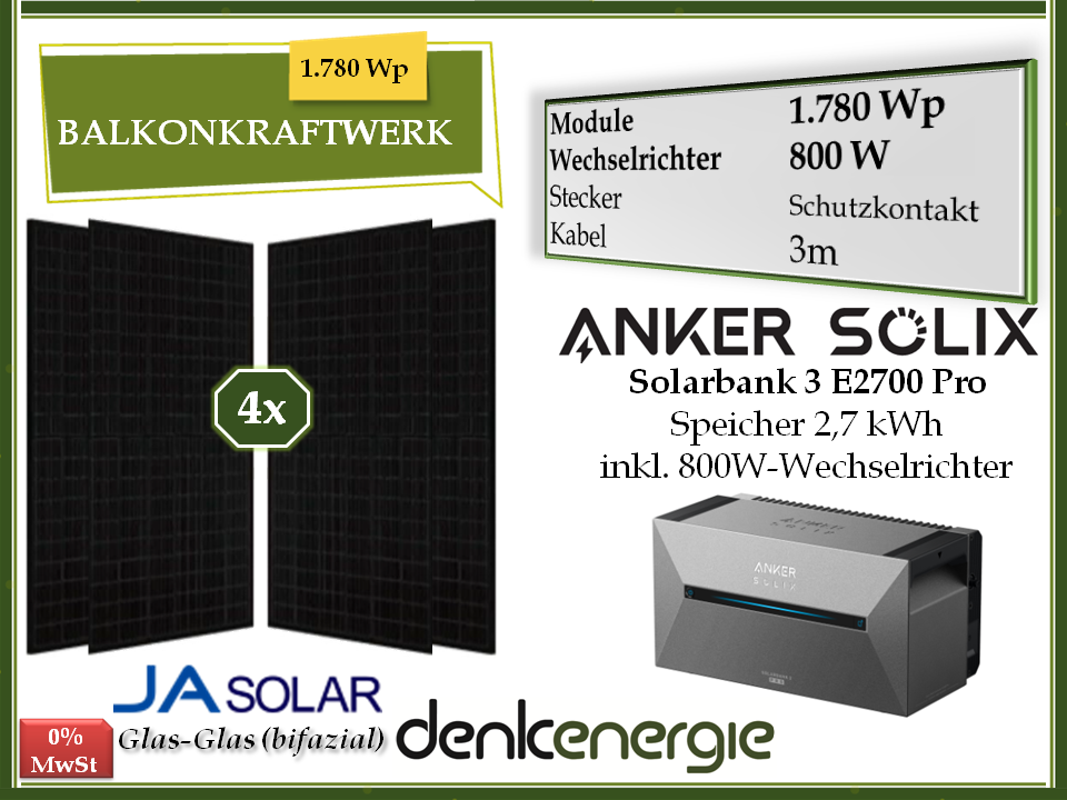 Balkonkraftwerk 1.780Wp / 800W (bifazial) / Speicher Anker 3