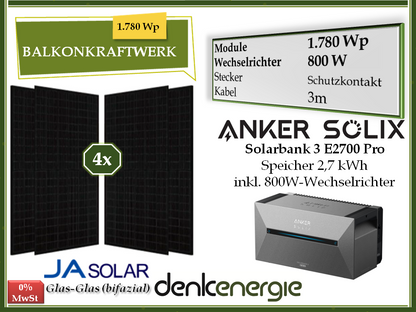 Balkonkraftwerk 1.780Wp / 800W (bifazial) / Speicher Anker 3